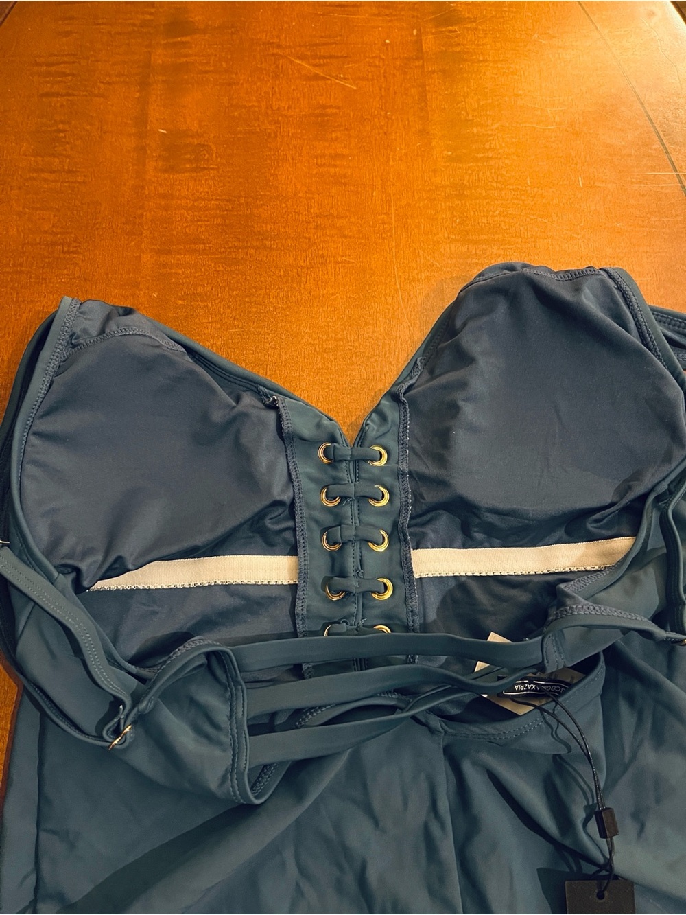 BCBGMAXAZRIA one-piece swimsuit Faux lace-up. Removable cups. Grey-blue XL. NWT - Picture 6 of 10